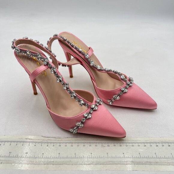 XYD Pink Jeweled Satin Pointed Toe Slingback Strappy Crystal High Heels Pumps - Picture 4 of 8
